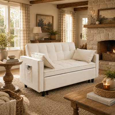 55'' Velvet 3-in-1 Convertible Sleeper Loveseat with Pull-Out Bed & Adjustable Backrest