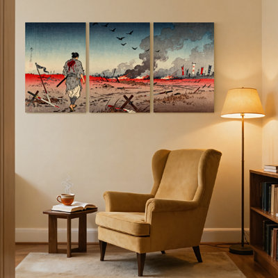 Samurai Warrior Battlefield Blood Smoke Flags Birds Sky Set of 3 Canvas Wall Art Prints
