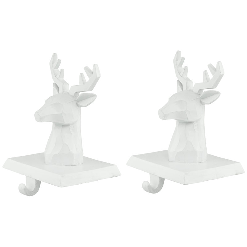 White Hand-Carved Reindeer Head Stocking Holders, Set of 2