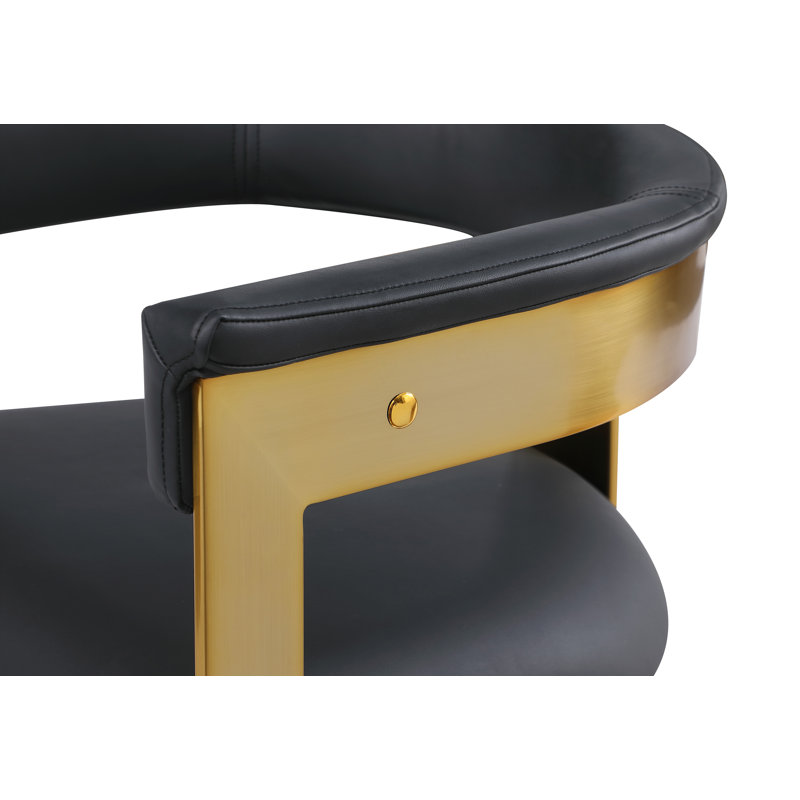 Chaise avec accoudoirs à dossier rembourré Romeo, Or brossé, Cuir végétalien noir