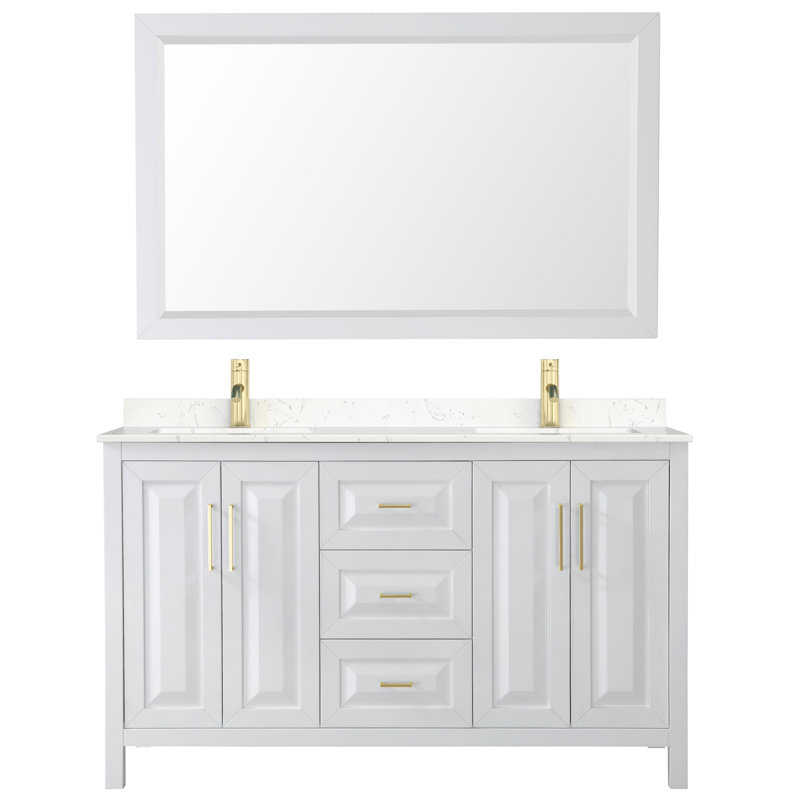 Daria 60'' W Double Vanity, White, Carrara Cultured Marble, Brushed Gold