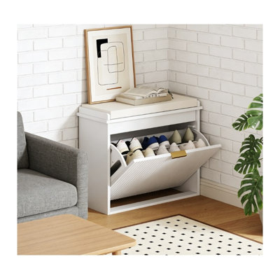 Banc de rangement pour chaussures beige et blanc avec siège rembourré en lin