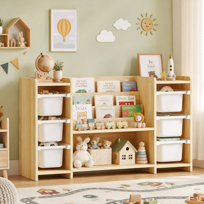 Organisateur de rangement pour enfants en bois de pin Montessori avec tablettes à 3 niveaux et 6 bacs à jouets