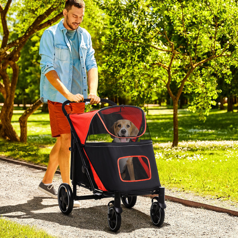 Poussette rouge pour grands chiens, pliable avec rangement et panneaux en filet