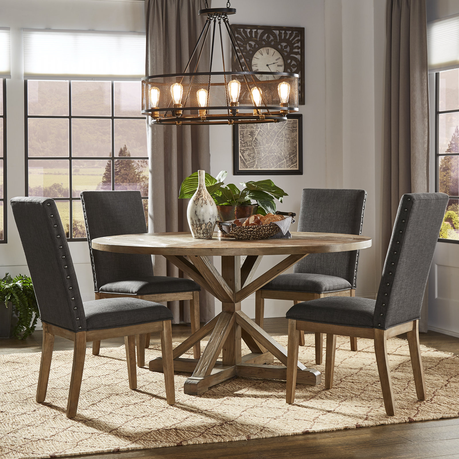 Deane 4 - Person Pedestal Dining Set, Dark Grey Linen
