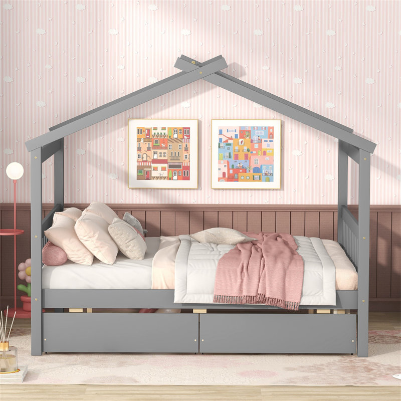 Pittston 2-Drawer Standard Bed Wooden House Bed, Gray, Full