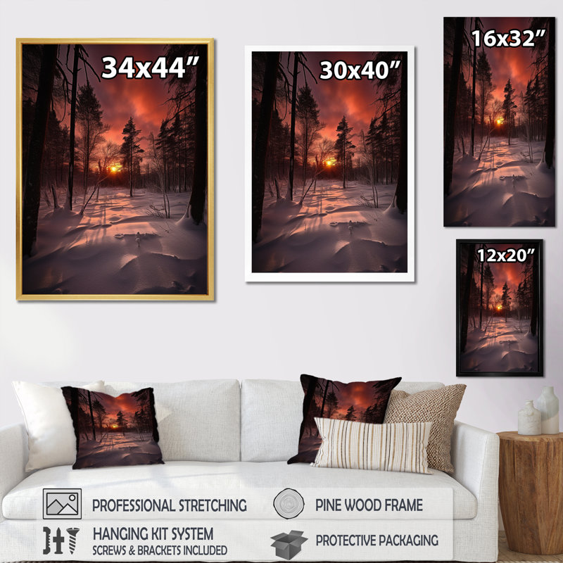 " Wintersun Shining Through Snowlit Trees ", 44" H x 34" W x 1.5" D, White Picture Framed