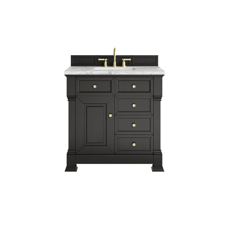 Meuble-lavabo simple 36 po avec plateau Brookfield, Noir onyx, Blanc de Carrare, À entraxe