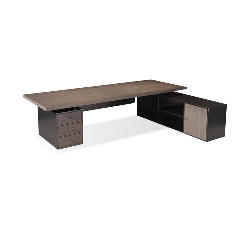 Tan+Black Rectangular Solid Wood+Iron desks, 29.53" H x 86.61" W x 31.5" D, Right Hand Return