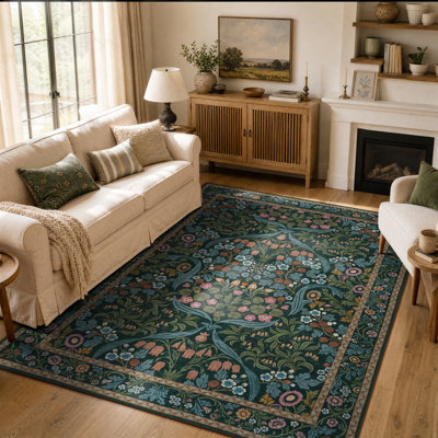 Tapis vintage à motifs floraux botaniques, tapis traditionnel d'inspiration jardin avec un motif complexe de fleurs et de vignes pour salon, chambre, salle à manger