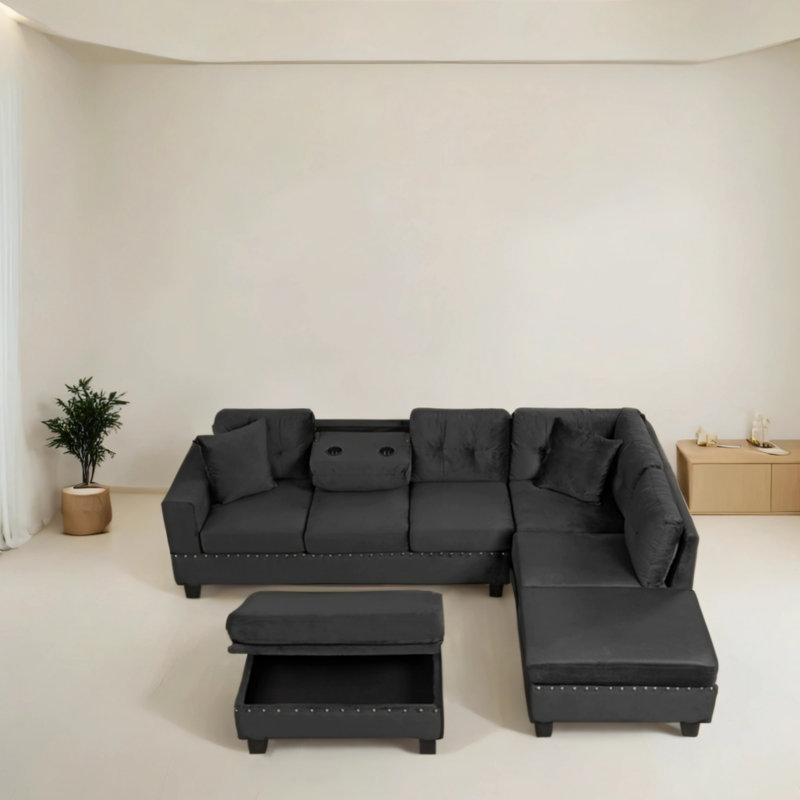 Canapé modulaire moderne de 105 po avec méridienne réversible, canapé modulaire en L avec banc de rangement, canapé modulaire avec 2 coussins et porte-gobelet pour le salon