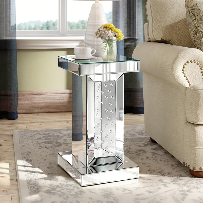 Silver Mirrored End Table, Glam Crystal Inlay Side Accent Tables, Small Coffee Table For Living Room, Bedroom, Corner, 11.8"x11.8"x22"