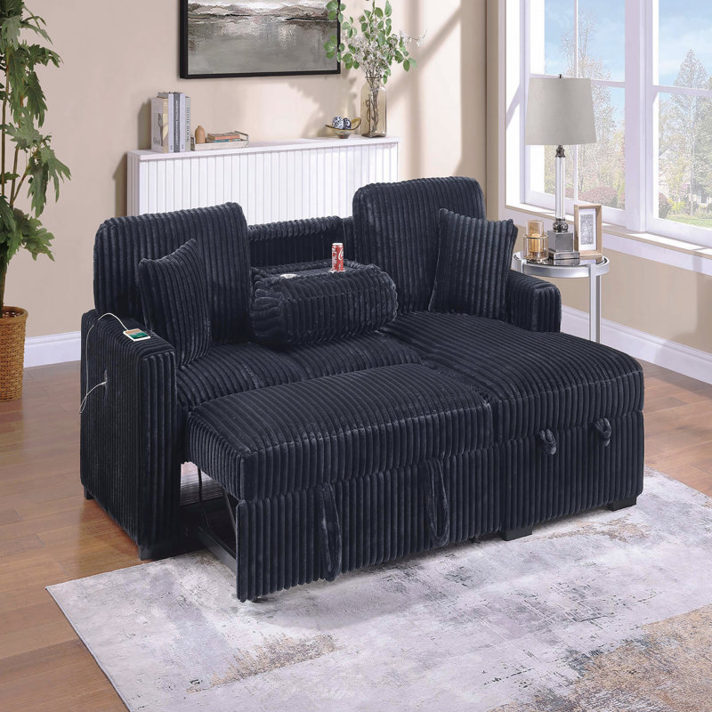 Modern Style 2Pc Convertible Sectional Pull Out Sofa Fold Down Table Cup Holder Usb Port Storage Chaise Matching Pillow Black Finish Primary Living Room
