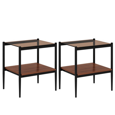 Set of 2 Rectangle End Table, Tempered Glass Tabletop with MDF layer, Glass