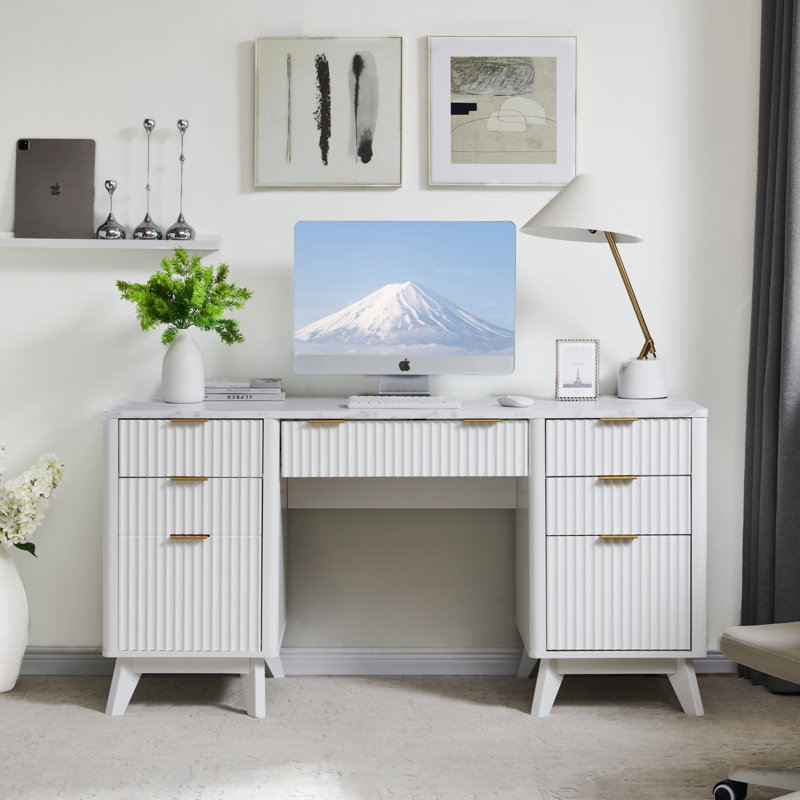 60'' Fluted Executive Desk - Charging Station & File Drawer?, White