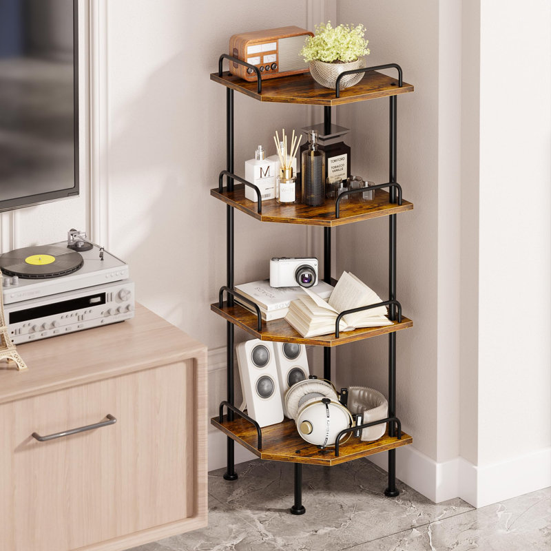 Étagère de coin polyvalente et rangement, support à 4 niveaux pour petits espaces, tablettes d'exposition - brun rustique