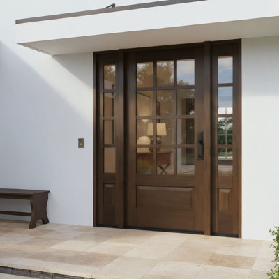 G7512-SW-80_1-2 | 80" Single Door + 2xSidelites, RTA Prehung Exterior, SDL 12 Lite 3/4 Lite, 1 Panel, Unfinished Mahogany Wood