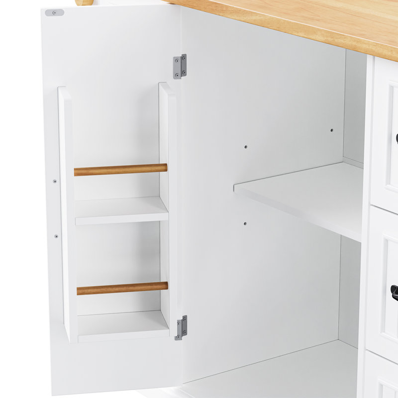 White Rolling Kitchen Island With 2 Doors, 6 Deep Drawers, Drop Leaf - Space Saving Design Storage 4 Door Shelves, Drawers Spacious & Practical