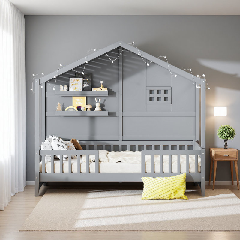 Lit simple avec tablettes, lit maison avec fenêtre et bande lumineuse étincelante sur le toit, Gris