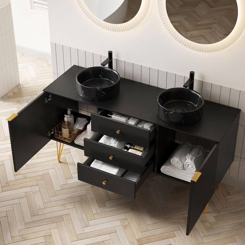 Meuble-lavabo de 60 po avec lavabo autoportant en contreplaqué avec 4 pieds, 3 tiroirs et 2 portes, 2 vasques en céramique à motif de pierres et plateau en pierre frittée, pré-assemblé
