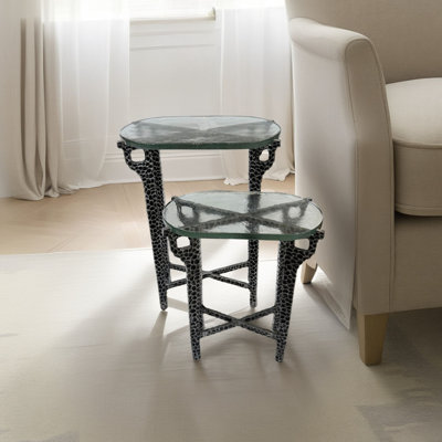 Ignis Nesting Table, 26" Recycled Glass & Hammered Brass Aluminum Set by Wrought Studio