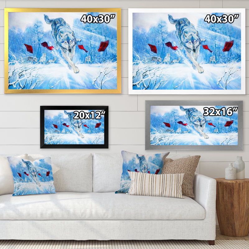 Paysage hivernal «Loup sautant» - peinture sur toile, H 35,5 po x l 45,5 po x P 1,5 po, Cadre doré