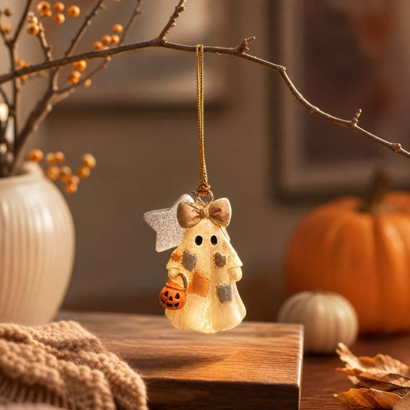 Décoration d'Halloween : Fantôme lumineux à suspendre, adorable fantôme en patchwork avec citrouille, seau, nœud, étoile, décoration automnale à suspendre au sapin pour la maison, les fêtes et les vacances.