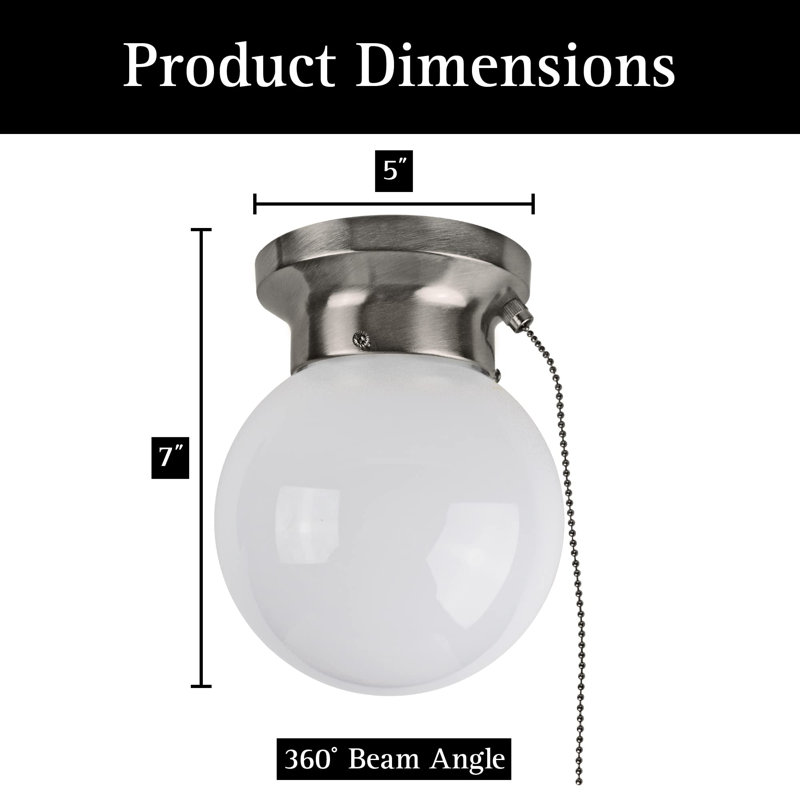 6" Utility LED Glass Flush Mount With Pull Chain - Globe Light Fixture - 500 Lumens 3000K Light Fixture, Brushed Nickel