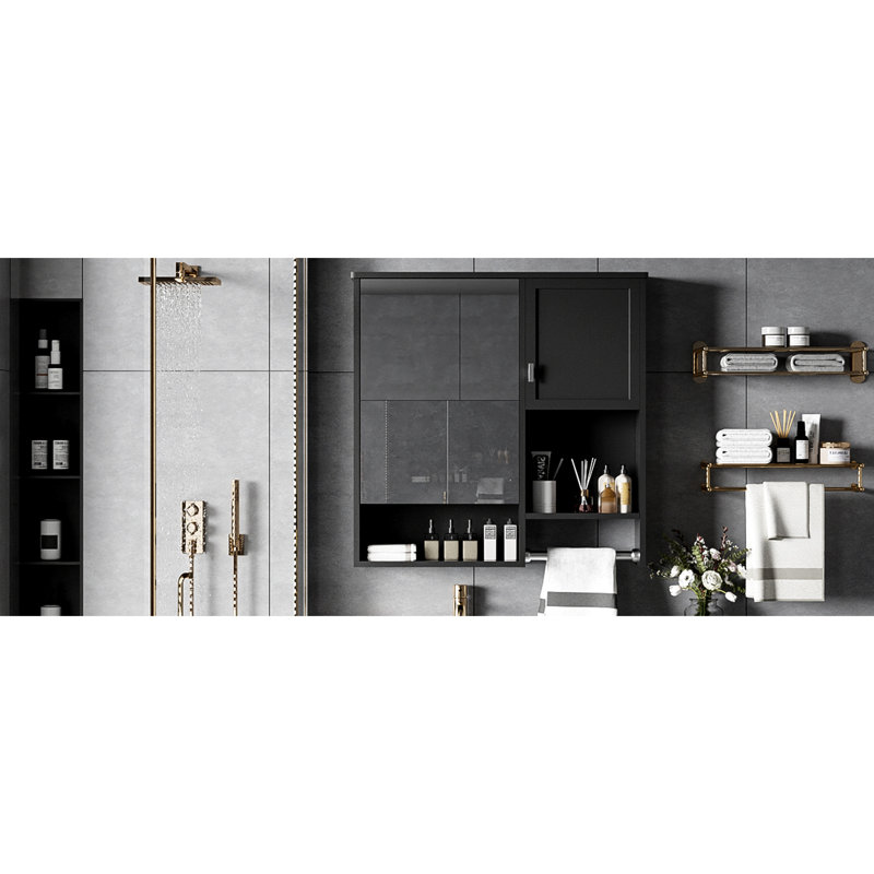 Armoire murale de salle de bain 29 po x 28 po avec miroir - tablettes réglables, rangement moderne et barre à serviettes 30,24 po, hauteur de tablette, finition noire