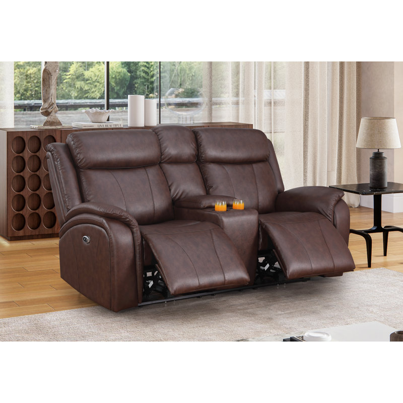 Lamyia 74" Vegan Leather Power Reclining Sofa, Brown Faux Leather