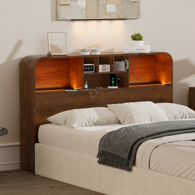 Tête de rangement avec lumières DEL et station de charge, Grand lit, Marron