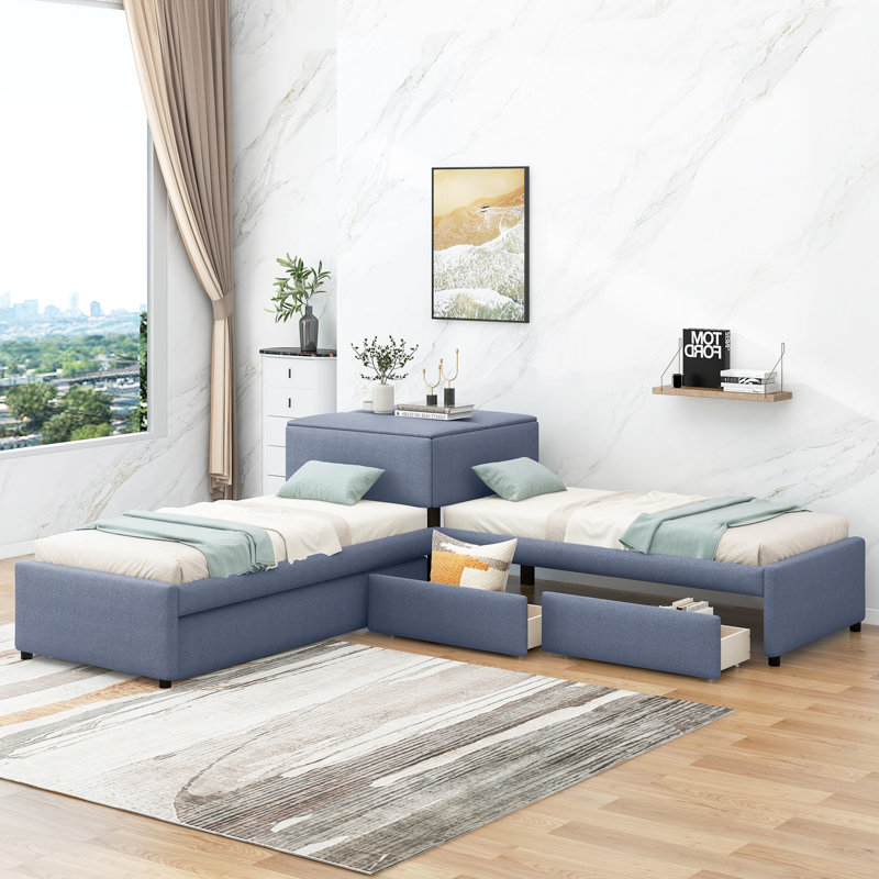 Lit plateforme tapissier en L avec lit gigogne et deux tiroirs reliés par un bureau intégré, simple, gris