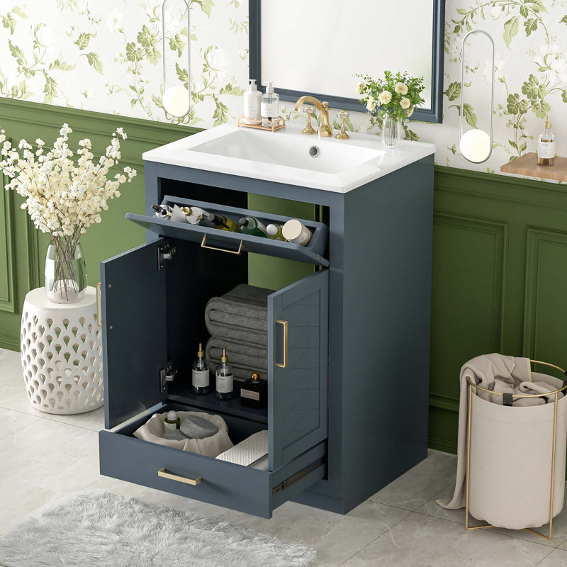 Meuble-lavabo 24 po avec lavabo en céramique intégré, armoire de salle de bain avec 2 portes, 1 tiroir basculant et meuble-lavabo simple