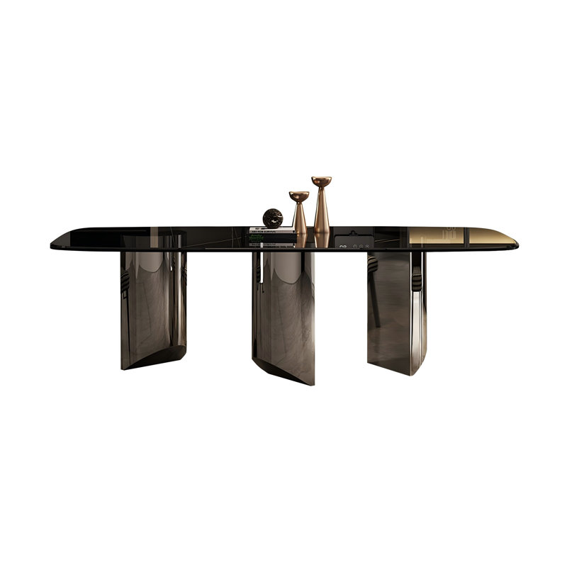 Tempered glass Stainless Steel black Dining Table, 29.53"H x 78.74"L x 39.37"W