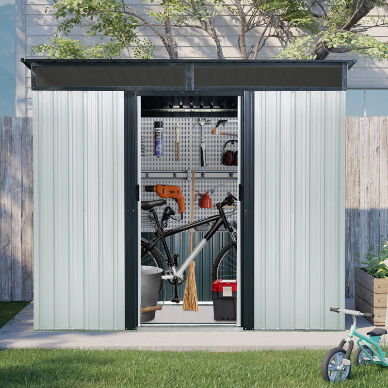 White & Black Metal Shed, 8X6 Ft, With Extra Storage Space Waterproof Feature Ft Tool Steel Ventilation Windows, White/Black