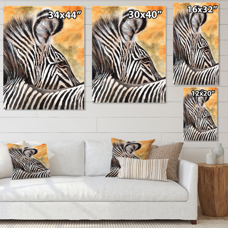Zèbre avec rayures noires et blanches contrastantes en V - reproduction sur toile, H 20 po x l 12 po, Toile tendue
