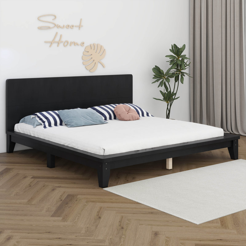 Lit plateforme, cadre de lit moderne de style Mid-Century avec tête de lit, cadre de lit uni, Noir, Grand lit