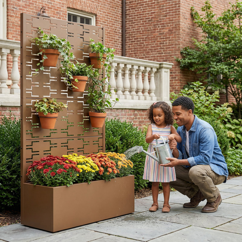 Metal Planter Box with Trellis with Wheels, Brown
