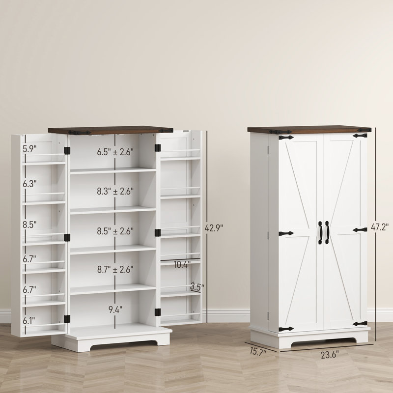 Armoire de cuisine 47 po avec lumière DEL à détection, armoire de rangement de ferme avec portes, 2 tablettes réglables et 12 tablettes de porte, armoire autoportante, blanc