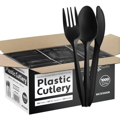 1000 Count Disposable Black Cutlery Set, 334 Plastic Forks, 333 Plastic Spoons, 333 Plastic Knives, Medium Weight BPA Free 