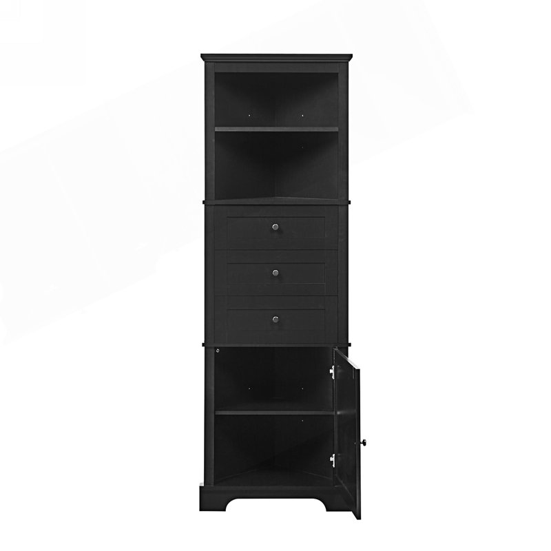 Armoire triangulaire haute avec 3 tiroirs et tablettes réglables, armoire d'appoint, Noir