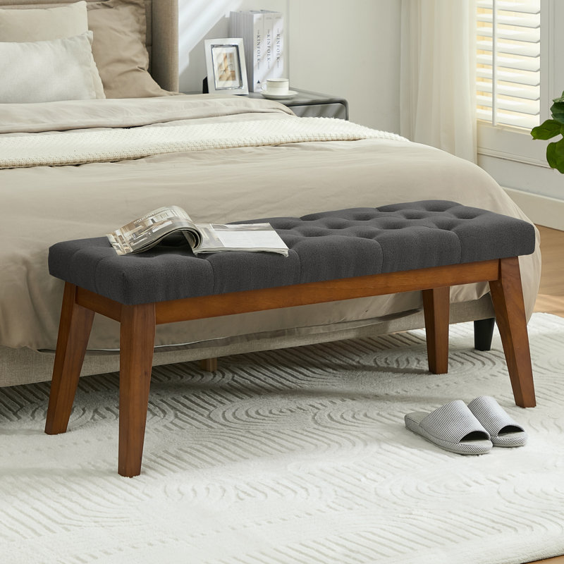 43.3'' W Tufted Linen Upholstered Bench with Solid Wood Legs, Dark Gray