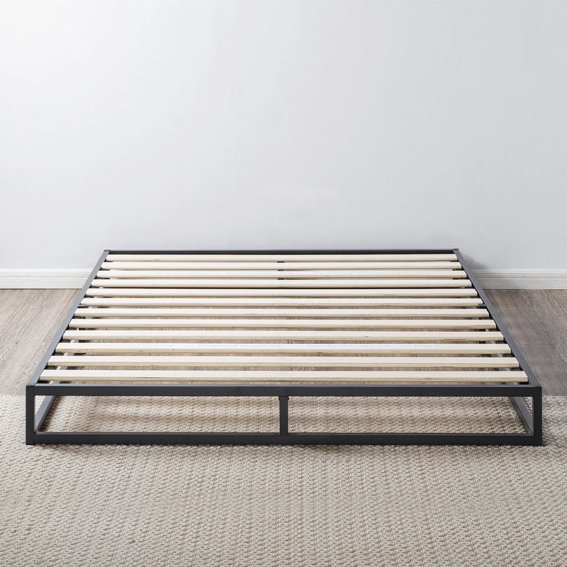 Modern Black Metal Queen Platform Bed Frame with Wooden Slats