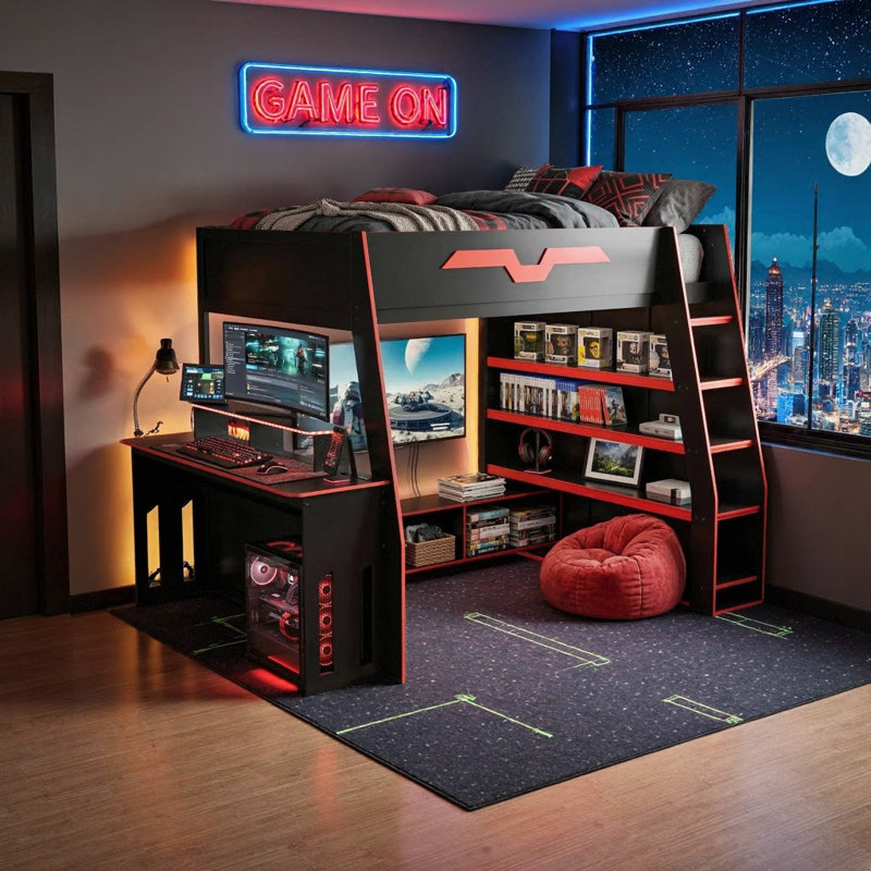 Lit mezzanine double en bois massif avec bureau d'étude réglable, tablettes de rangement à plusieurs niveaux et lumières de jeu RVB pour les adolescents
