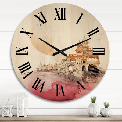 Charming Oriental City Boho Retro Illustration V - Modern Geometric Oversized Wood Wall Clock