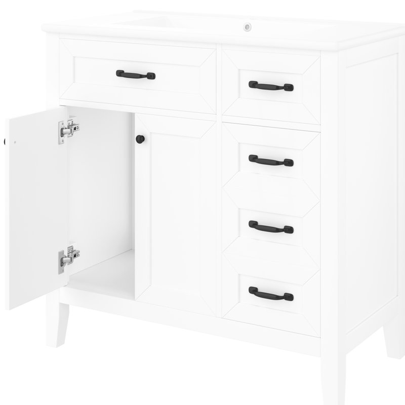 Armoire de salle de bain blanche 36 po - autoportante avec lavabo en céramique, tiroirs, lavabo, Blanc, Noir