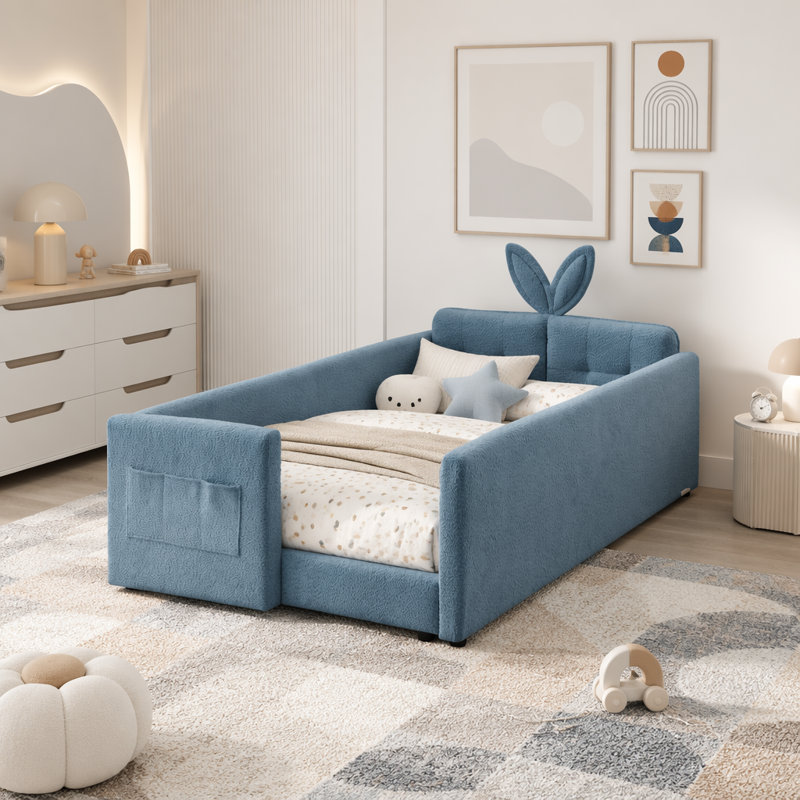 Lit plateforme simple avec tête de lit pour oreilles de lapin, barrière de sécurité et poche de rangement, Sky Blue