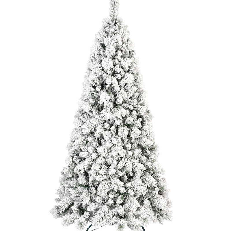 Arbre de Noël enneigé 8 pi, 600 lumières à DEL blanc chaud, 1445 pointes, branches enneigées et à aiguilles dures, installation à charnières pour une installation rapide, conception de support en métal robuste pour une installation sans effort,