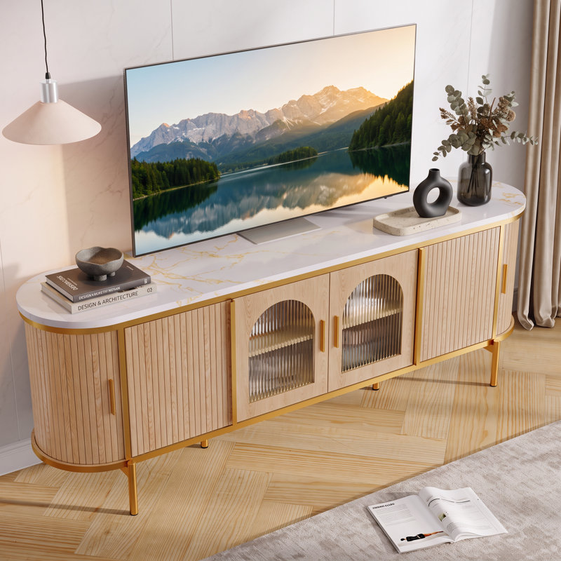 70" Mid-Century Modern TV Stand for TVs up to 75",Japandi Fluted Media Console with Reeded Glass Sliding Doors and Adjustable Shelves, Oak Sideboard with Metal Legs
