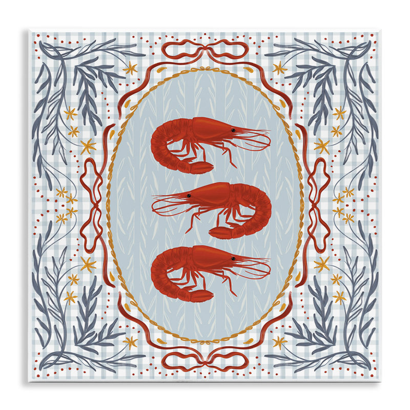 «Prawn Trio» sur plaque murale en vichy bleu, design par Vero Illustrates